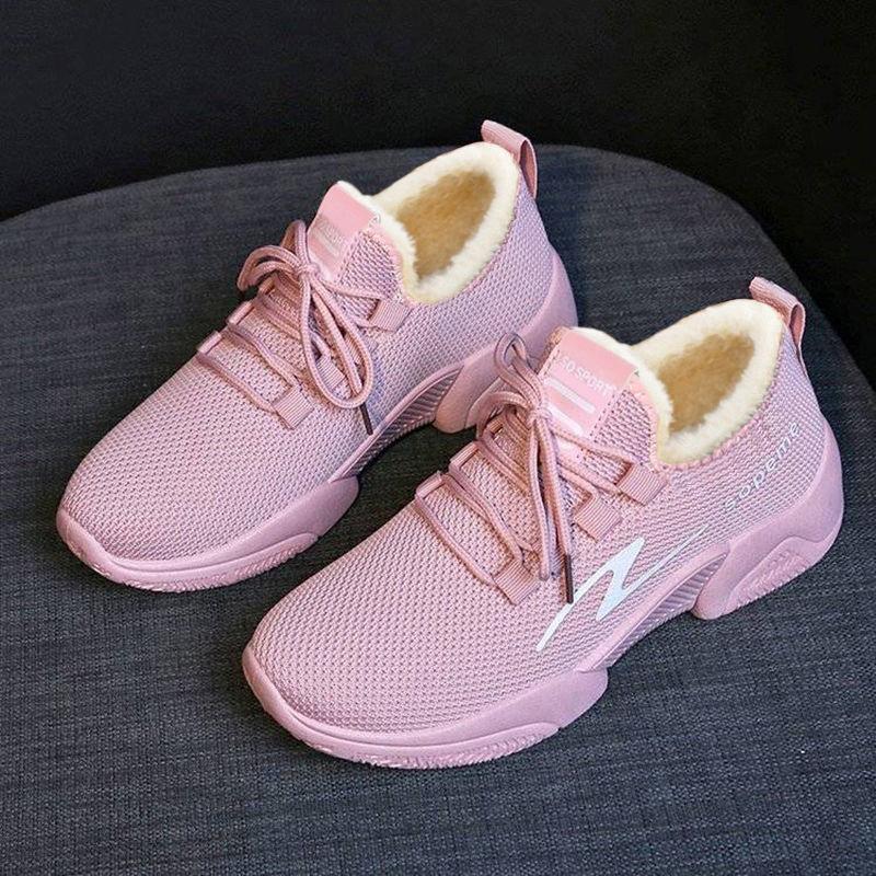 Winter Shoes Women Tennis Sports Shoes Fashion Sneakers Thick Fleece Warm Running Shoes Pink Cotton Shoes Lace Up Non Slip Women Sports Shoes