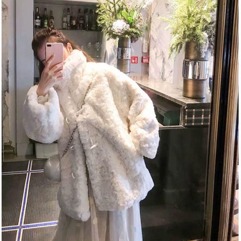 Lamb Fur Coat Female Autumn and Winter Long Horn Buckle Imitation Rex Rabbit Plush Coat