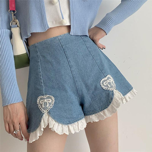 WTEMPO Lace High Waist Denim Shorts Women Student Loose Spring and Summer Wide Leg A-line Thin Casual Shorts