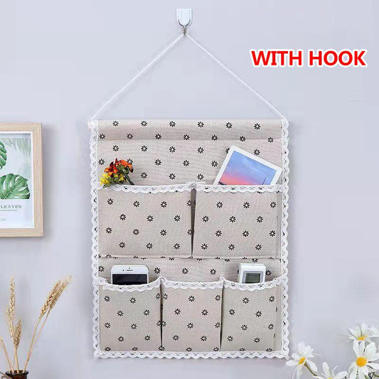 5 Pockets Hanging Bag on The Wall Behind The Door Cotton and Linen Storage Bag Wardrobe Multi-layer Sundries Storage Bag Family Organizer