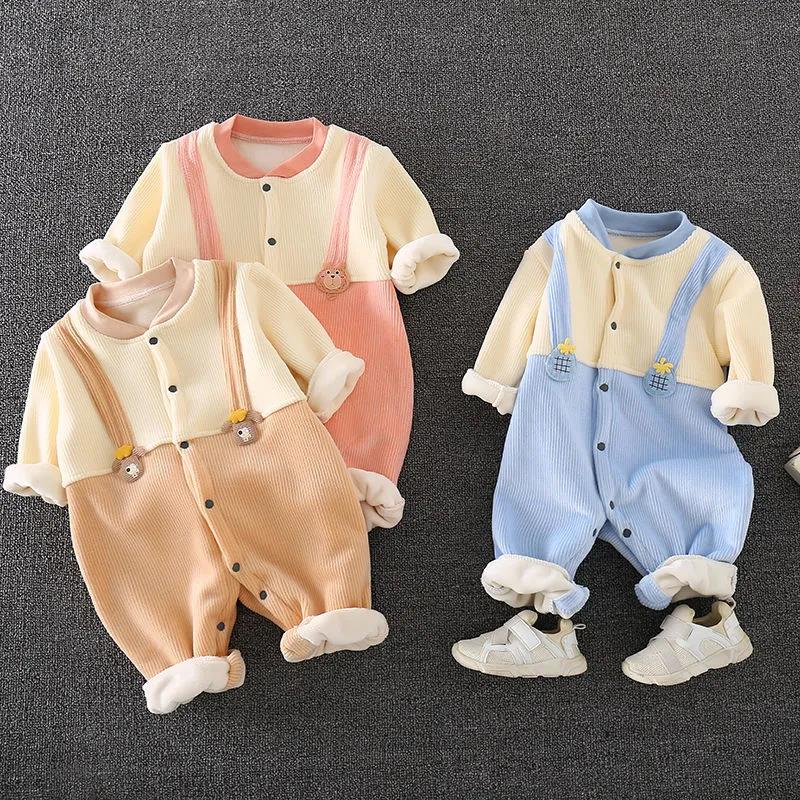 BABY BODYSUIT Autumn and Winter Style Plush Thickened Boys and Girls Baby Cute Ha Clothes Newborn Warm Clothes Outdoor Climbing Clothes