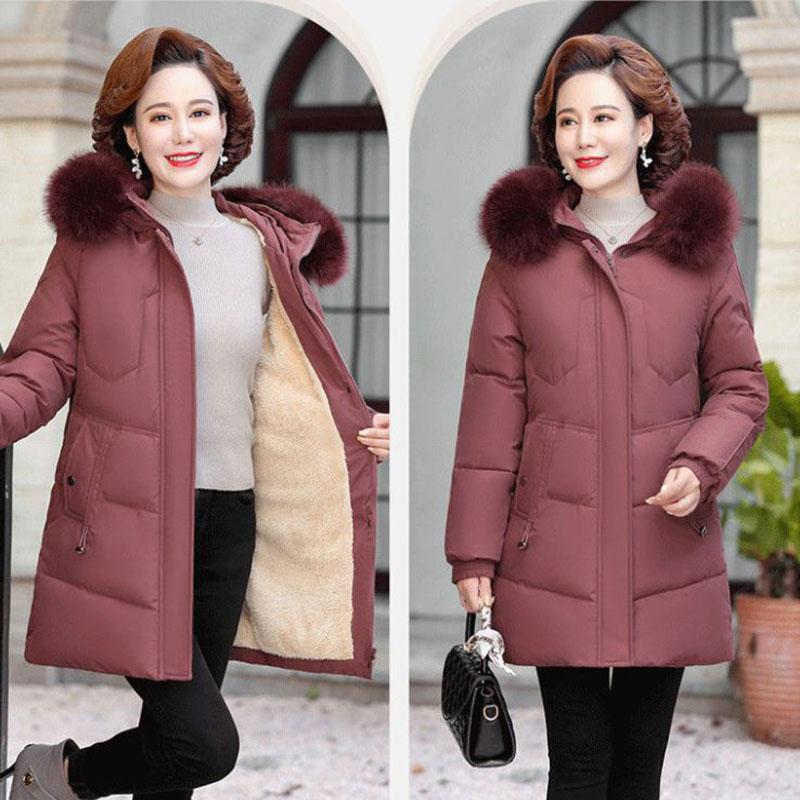 Winter Down Cotton Jacket Fashion Hooded Mid-length Jacket Thick Warm Cotton Jacket Suitable for Middle-aged Women