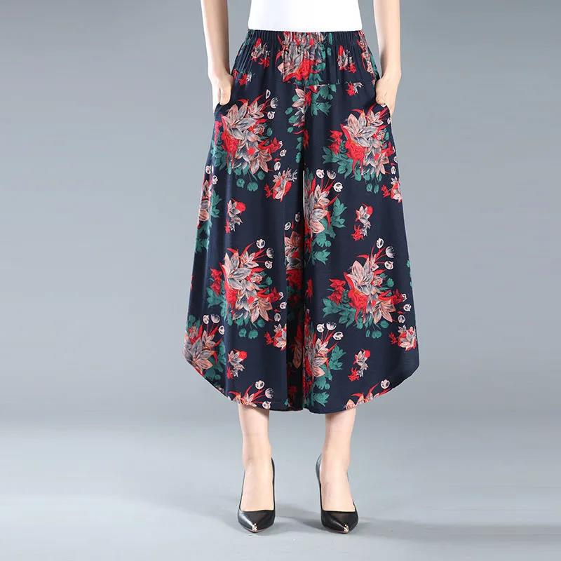 Women Summer Large Size Printed Dance Culottes Loose High Waist Vintage Elastic Casual Cropped Pants