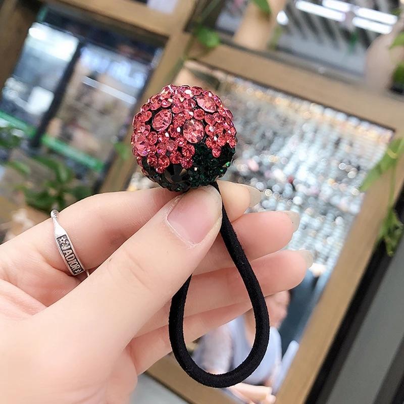 Girl Inlaid Drill Rope Korean Strawberry Double Ball Drill Ball Rubber Band High-end Elegant Large Drill Ball Tie Head Rope Ponytail Tie Rope