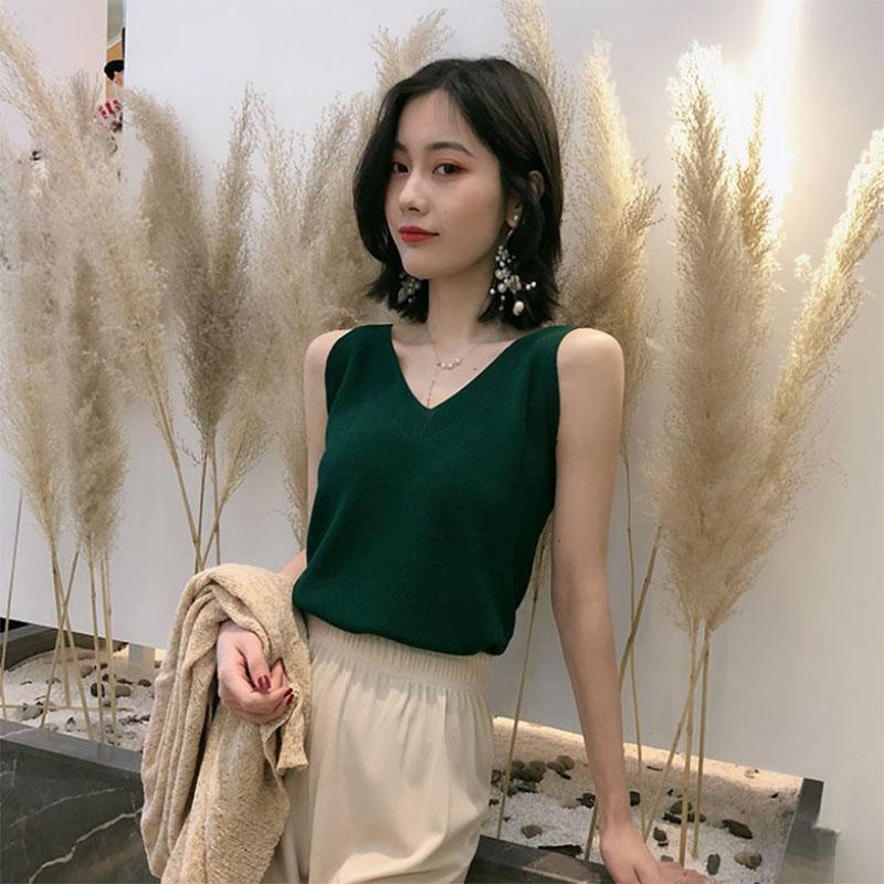 Sleeveless Knit Sweater Camisole Women's Outer Wear Loose V-Neck Short Bottoming Shirt