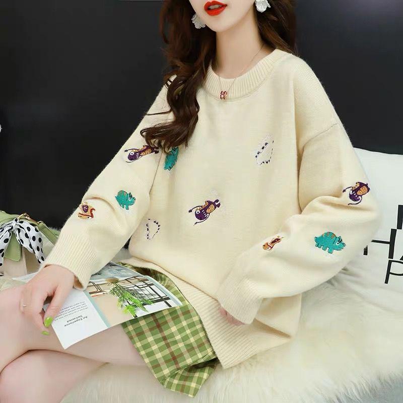 Casual Embroidery Sweater Women Loose Round Neck Pullover Sweater Thickened Warm Knitwear Jumper Outwear