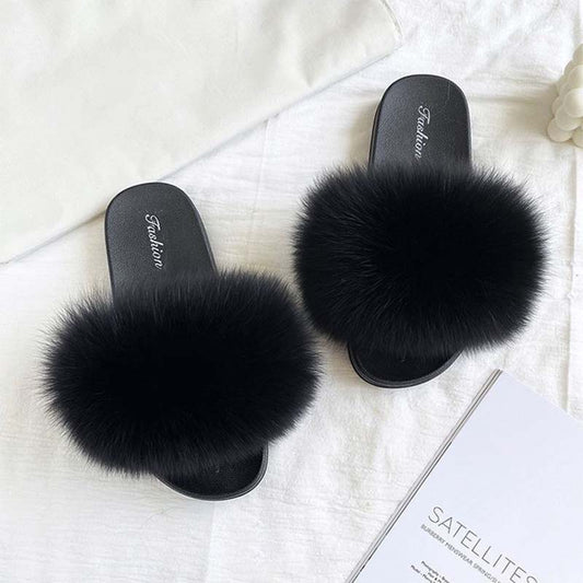 Furry Slippers for Women The Same Style In Summer Fashion Real Fox Fur Slippers Plus Size Female Sandals