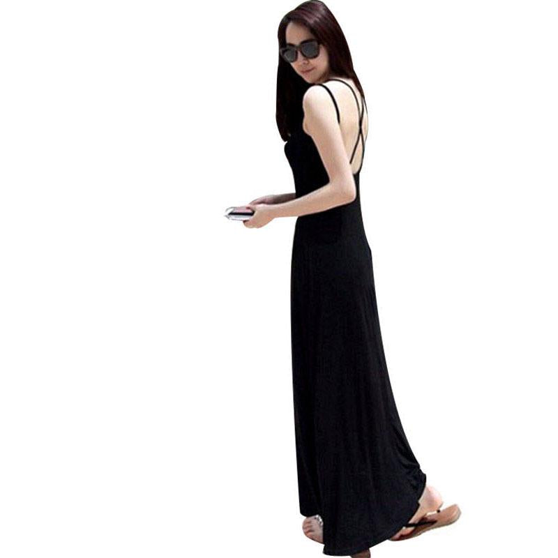 Pofulove Summer Spaghetti Strap Dress backless elastic cotton Long Maxi Dress beach party dress