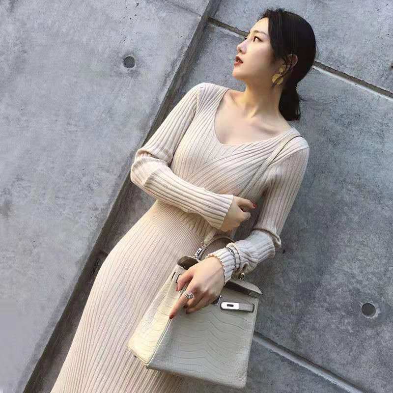 Women's Bottoming Shirt Knit Dress Fashion Slim Pullover V-neck Sweater Knitted Dress Mid-length Bottoming Shirt