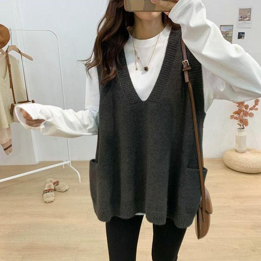 Autumn and Winter Loose All-match Sweater Large Size V-neck Knitted Vest Sleeveless Solid Color Female Top