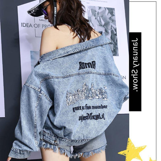 Denim Jacket Women's Spring and Autumn Style Back Sequin Embroidery Student Fashion Loose Top