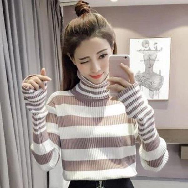 Autumn and Winter Korean Thickened Bottoming Sweater Shirt Long-sleeved Slim Student Pullover Black and White Striped Turtleneck Sweater Women