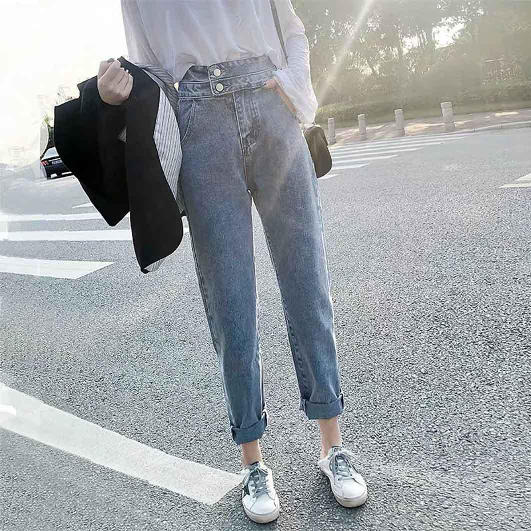 WTEMPO High-waisted Jeans Women Loose Thin and Wide-legged Retro Straight Crop Pants