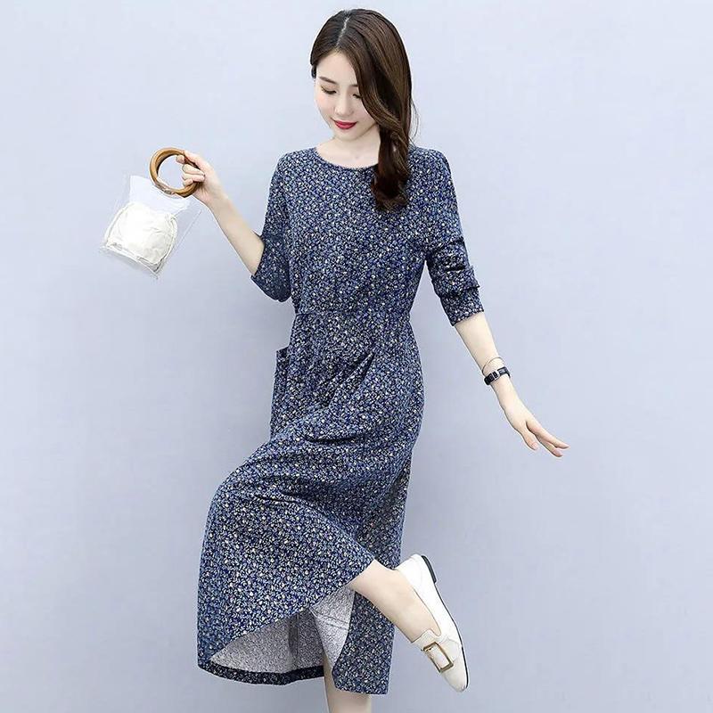 Women's Long-sleeved Round Neck Mid-length Dress Ethnic Style Thin Large-size Floral Mid-length Dress Female with Pockets for Hand In