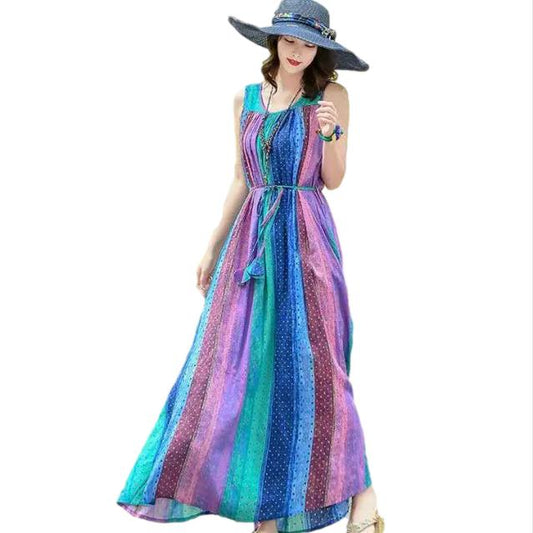 Female Cotton Large Swing Sleeveless Print Dress Elegant Round Neck Big Blue Rainbow Stripe Dress