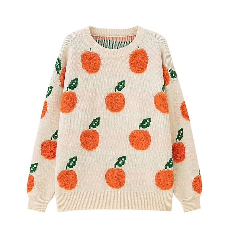 Orange Fruit Winter Knit Sweater, Female Crew Neck Pullover, Long Sleeve Jumper, Women Casual Sweatshirt