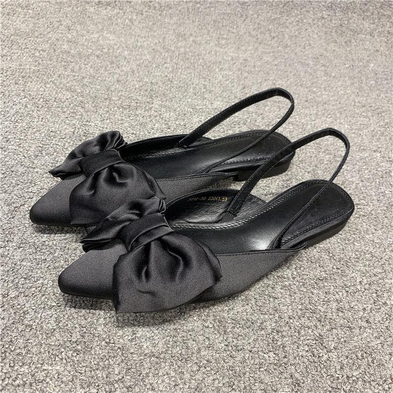 European Women's Shoes Summer Pointed Shallow Mouth Bow Single Shoe Cover Foot Flat Retro Sandals