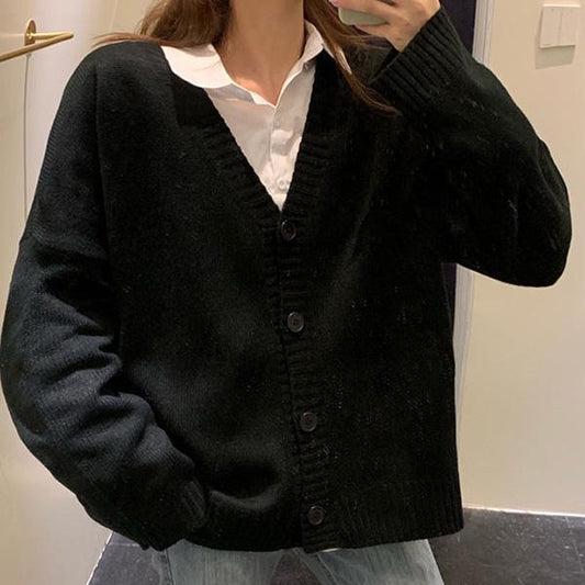 Teen Jacket Female Slim Loose All-match Button Knit Cardigan Jacket Female Solid Color Loose V-neck Sweater