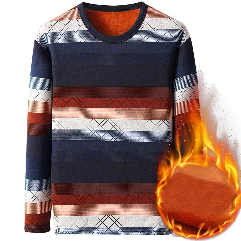 WTEMPO Men Pullover Round Neck Striped Shirt Winter Cashmere Padded Warm Shirt Soft and Comfortable Pullover