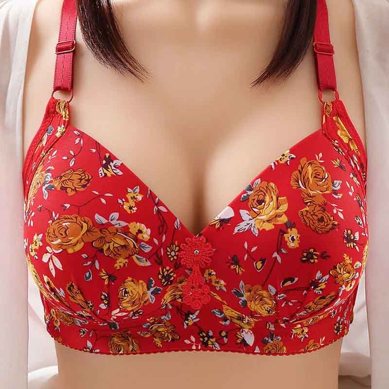 Peony Print Thin Large Size No Steel Ring Beautiful Back Bra Gather Side Breast Bras Anti-sagging Three-Row Three-Button Sexy Comfortable Bra