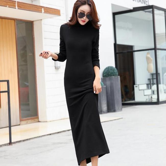 Plus Velvet Thick Warm Dress Winter Long-sleeved Half-high Collar Ladies Long Skirt Slim Over-the-knee Bottoming Bag Hip Skirt