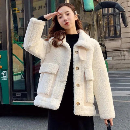 Faux Lamb Wool Coat Women Autumn and Winter All-match Thick Fur Wool One Lamb Wool Ladies Stand-up Collar Warm Loose Jacket