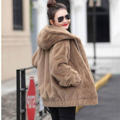 Plus Velvet Padded Faux Rabbit Fur Hooded Mid-length Loose Long-sleeved Jacket Women