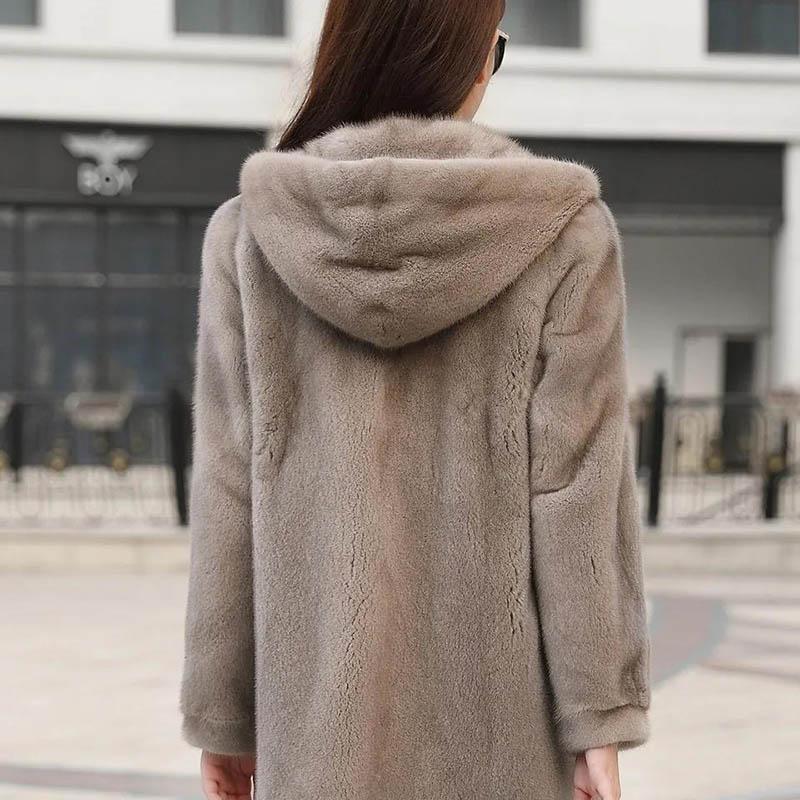 WTEMPO Winter Mink Fur Coat Female Imitation Mink Fur Coat Whole Mink Mid-length with Hood