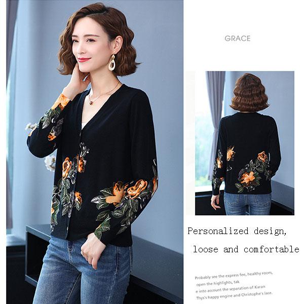 Autumn Winter Women's Knitted Sweater V-neck Printing Short Cardigan Knit Woolen Sweater Coat