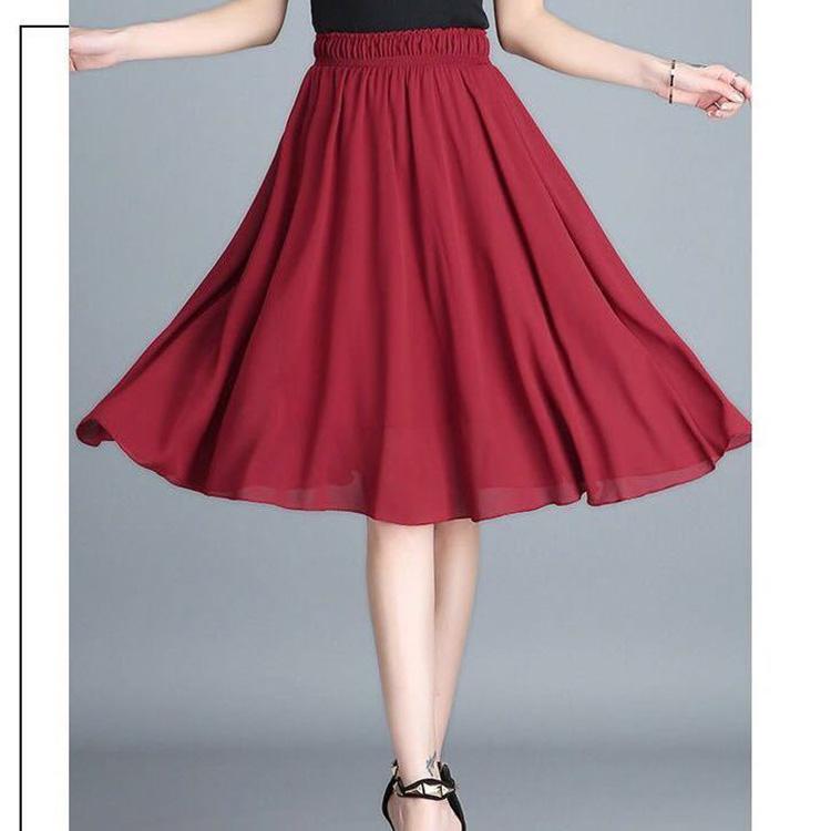 65cm Women Vintage Elegant Floral Dress High Waist A-line Chiffon Skirt Mid-length Ruffled Chiffon Skirt