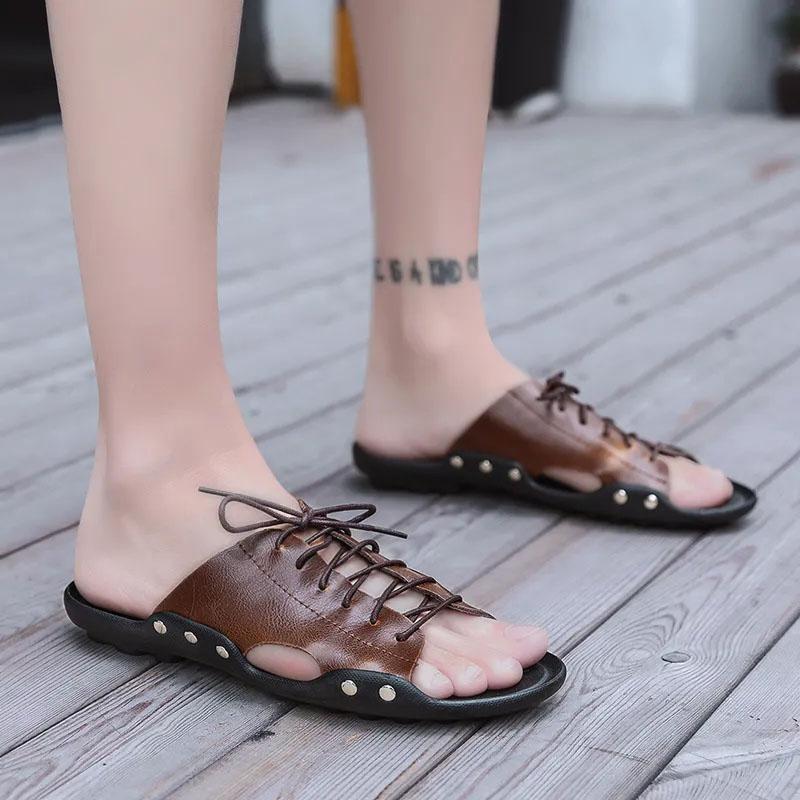 [Cowhide Leather] Summer Leather Slippers Men's Sandals Outer Wear Non-slip Slippers Korean Casual Beach Shoes Outdoor Sandals Lace Up Slippers