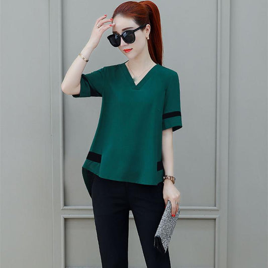 Women's Temperament Slim and Thin Hit Color T-shirt Shorts Chiffon Suit Two-piece V-neck Loose Top Cover Belly and Thin Ladies Temperament Suit