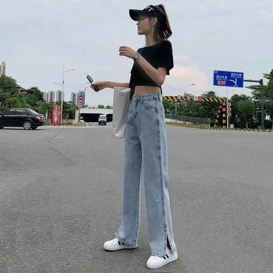 Women Spring Summer Long Jeans Vintage Wide Leg Loose High Waist Light Blue Straight Casual Denim Split Pants