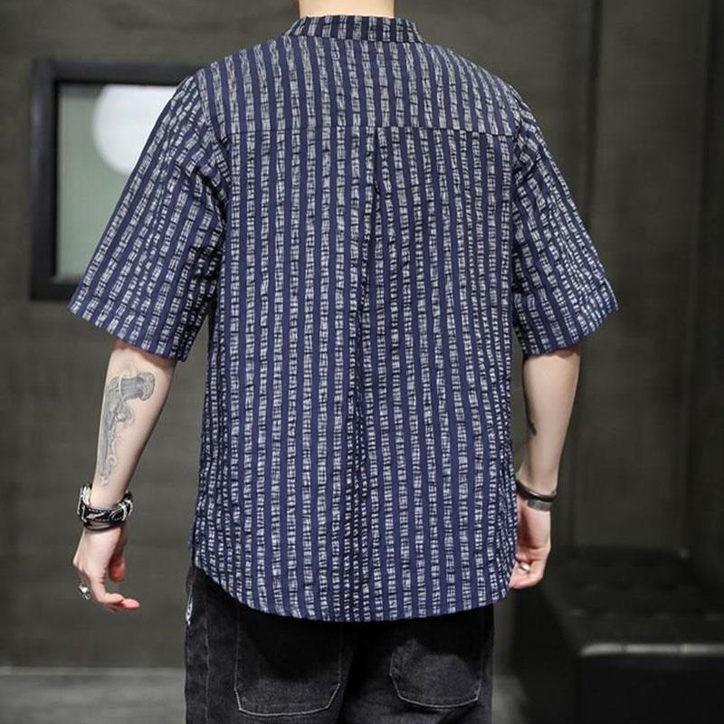 Striped Short-sleeved Men's Chinese Style Linen T-shirt Summer Korean Trend Cotton and Linen Half-sleeved Fashion All-match Loose T-shirt