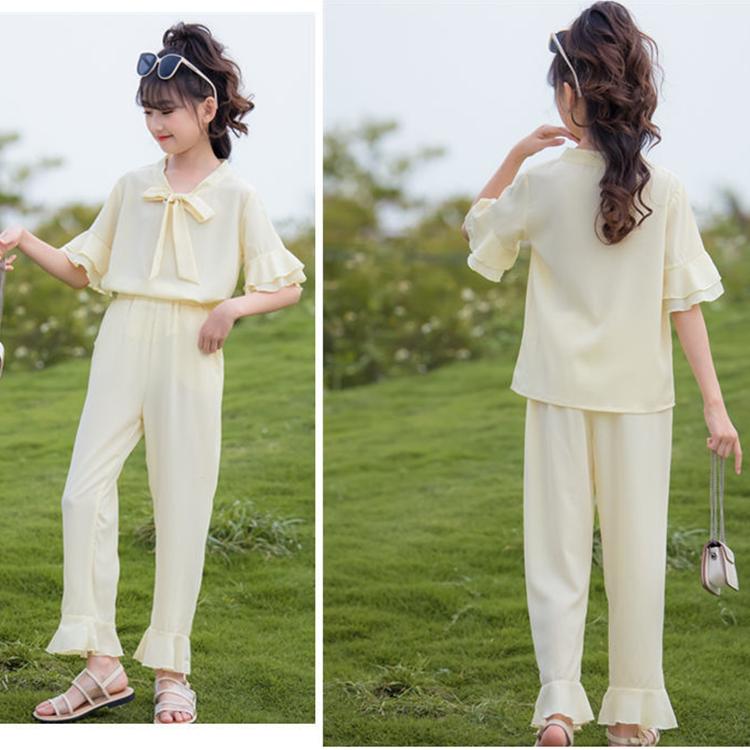 Girls' Set Summer Thin Korean Short Sleeve Pants Two Piece Set Bow Tie Ruffle Loose Suit Casual Wear