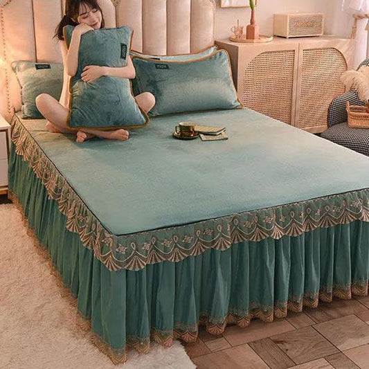 Coral Fleece Blanket Warm Bed Skirt Single-piece Thickened Flannel Mattress Cover Bedspread Quilt Protective Cover