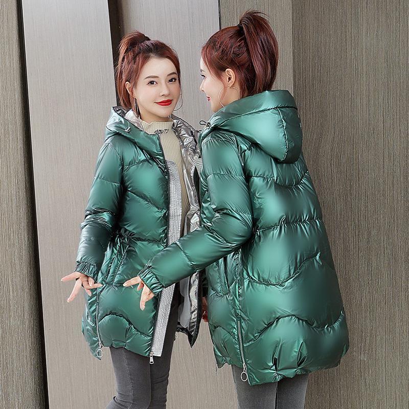 Glossy Disposable Women's Down Padded Jacket Mid-length Hooded Cotton-padded Jacket Fashionable Waist Thinner Jacket