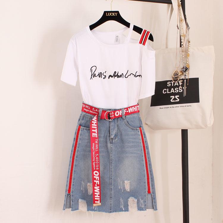 Summer Skirt Set Women Short Sleeve Off-shoulder Cotton T-shirt Denim Skirt Two Piece Set