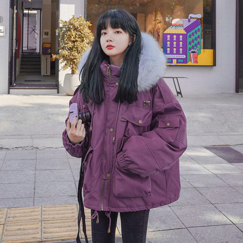 Korean Version of Loose Tooling Padded Jacket Women Short Hooded Parka Jacket Student Retro Hong Kong Style Winter Padded Jacket