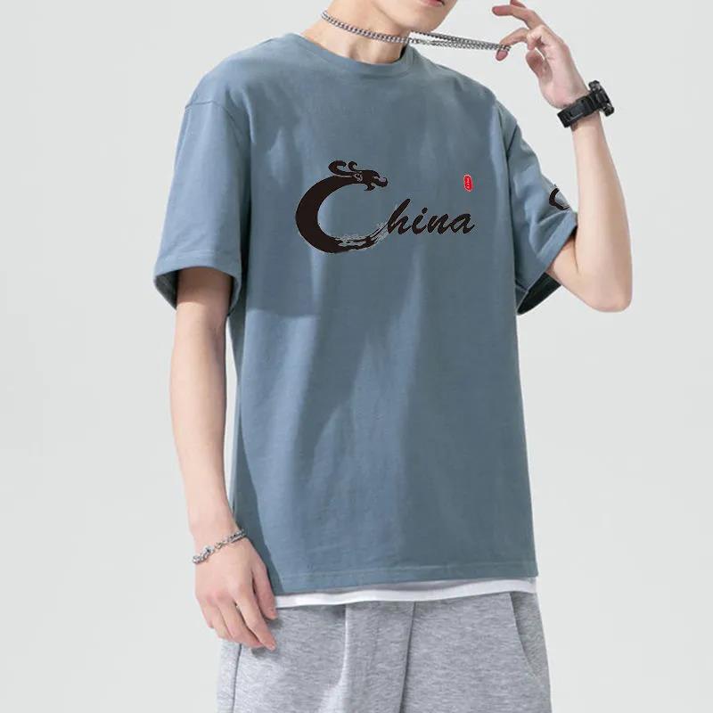 Summer T-shirt China Alphabet Print Tees O-neck Short Sleeve Thin Shirt Chinese Style Casual Loose Pullover Men Clothing