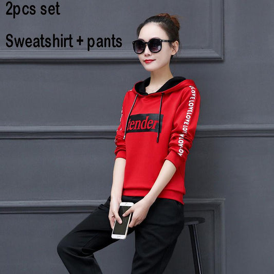 Long-sleeved casual sweatshirt set large size spring and autumn women's 2pcs set wild