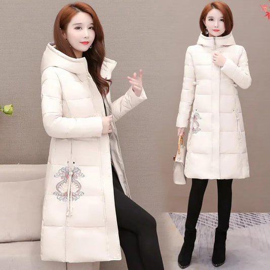 Winter Women's Mid-length Down Jacket Chinese Style Embroidered Slim Down Cotton Jacket Thick Warm Hooded Cotton Jacket