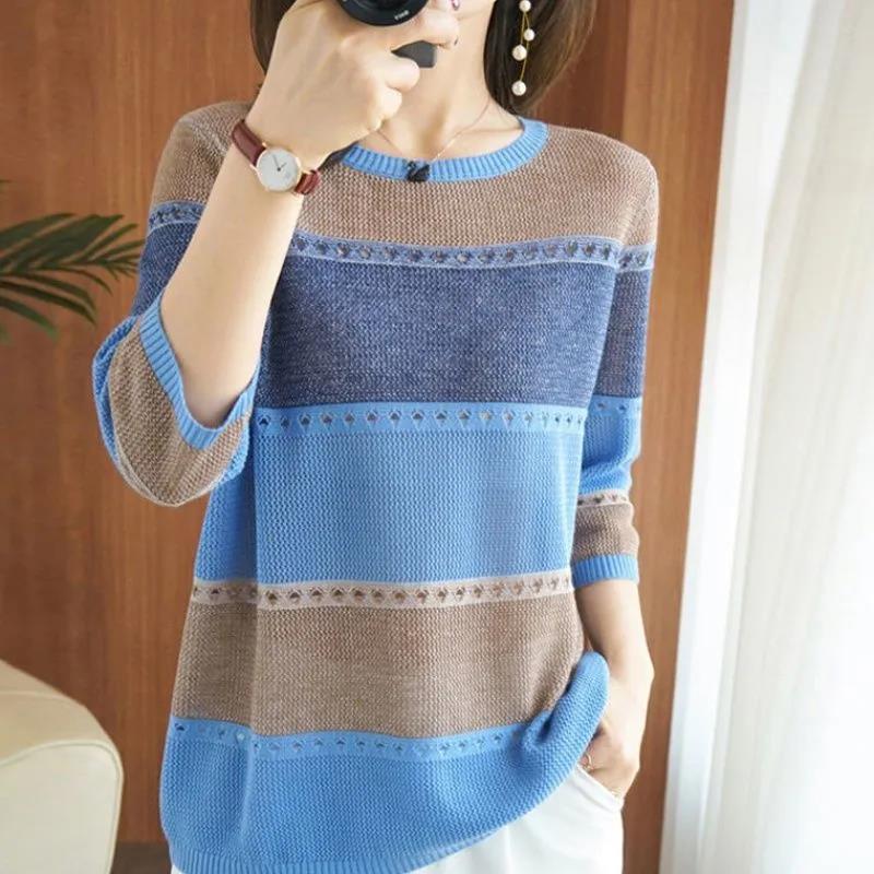 Spring Striped Hollow Ladies Knitwear Thin Knit Mid Sleeves Round Neck Loose