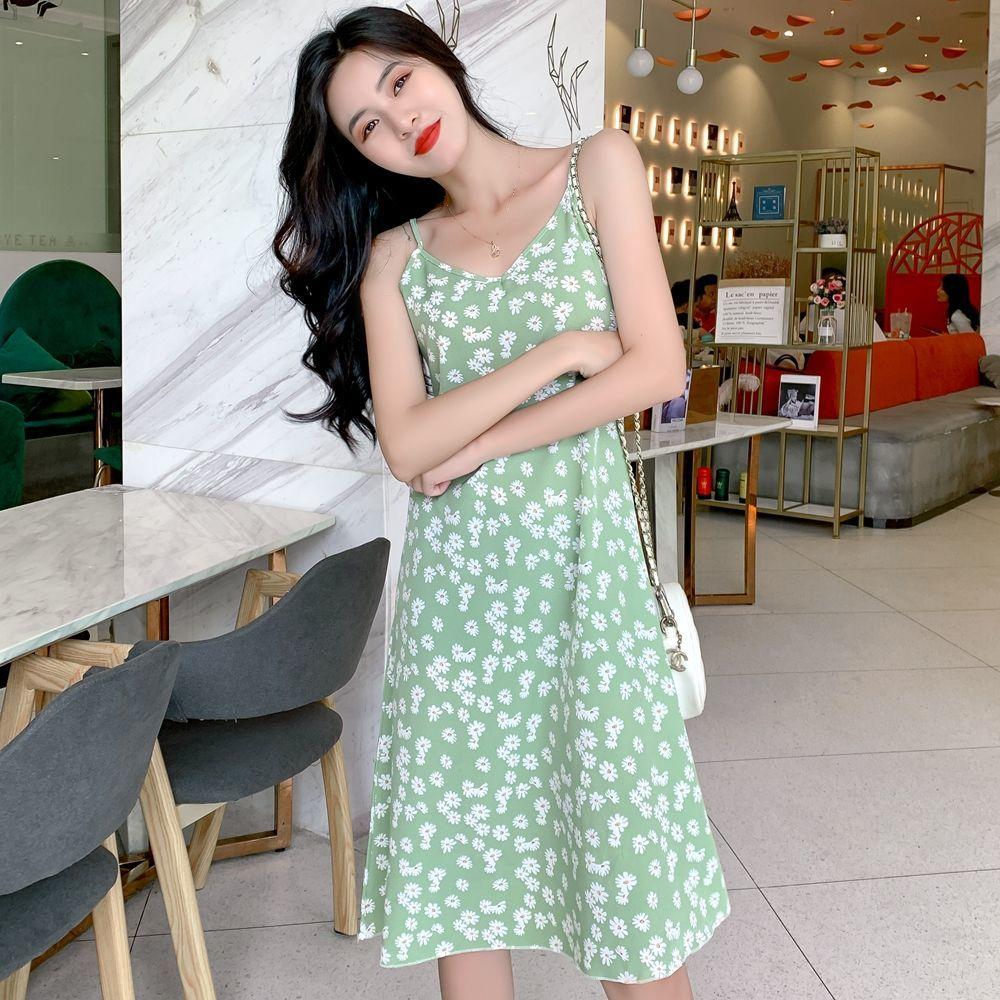 Floral Dress Loose and Thin Sling Dress Mid-length Off-shoulder Sling Dress Sexy Slim A-line Version Fabric Light and Breathable