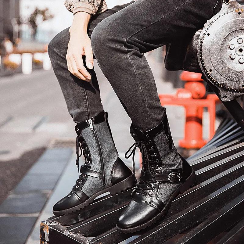 Men's Casual British Tooling Leather Boots Outdoor All-match High-top Cowboy Boots Black Handsome Motorcycle Boots