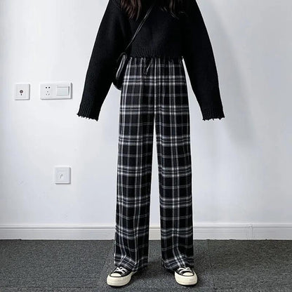 Women Spring Summer Long Pants Vintage High Waist Wide Leg Casual Pants Elastic Waist Loose Plaid Stripe Versatile Streetwear Straight Pants