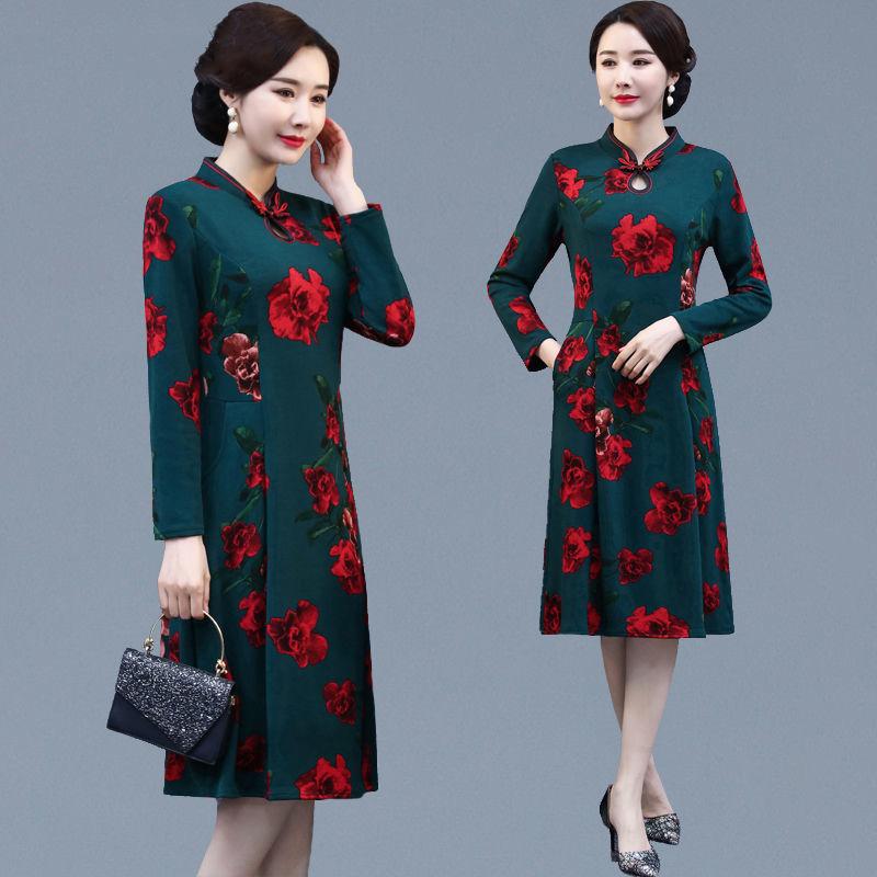 Women's Mid-skirt Chinese Style Long Cheongsam Dresses Retro Knee-length Skirt Summer Slimming Dress Dinner Dresses