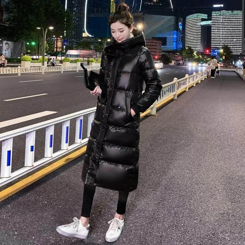 Down Jacket Women's Mid-length Winter Slimming Shiny Thick Black Long Section Over The Knee