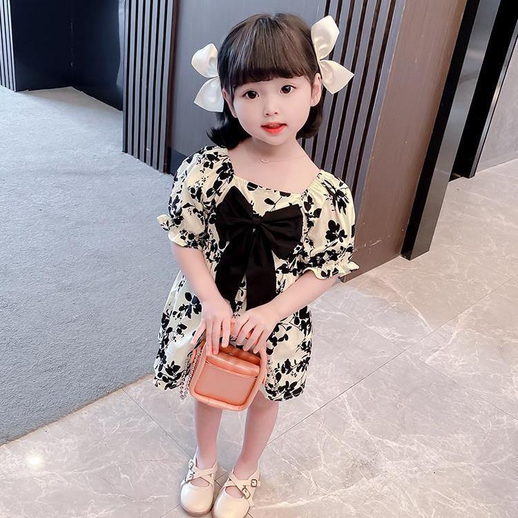 Children Dress Spring Summer Girls' Bow Chiffon Dress Floral Skirt Short Sleeve Girdle Princess Skirt A-line Dress