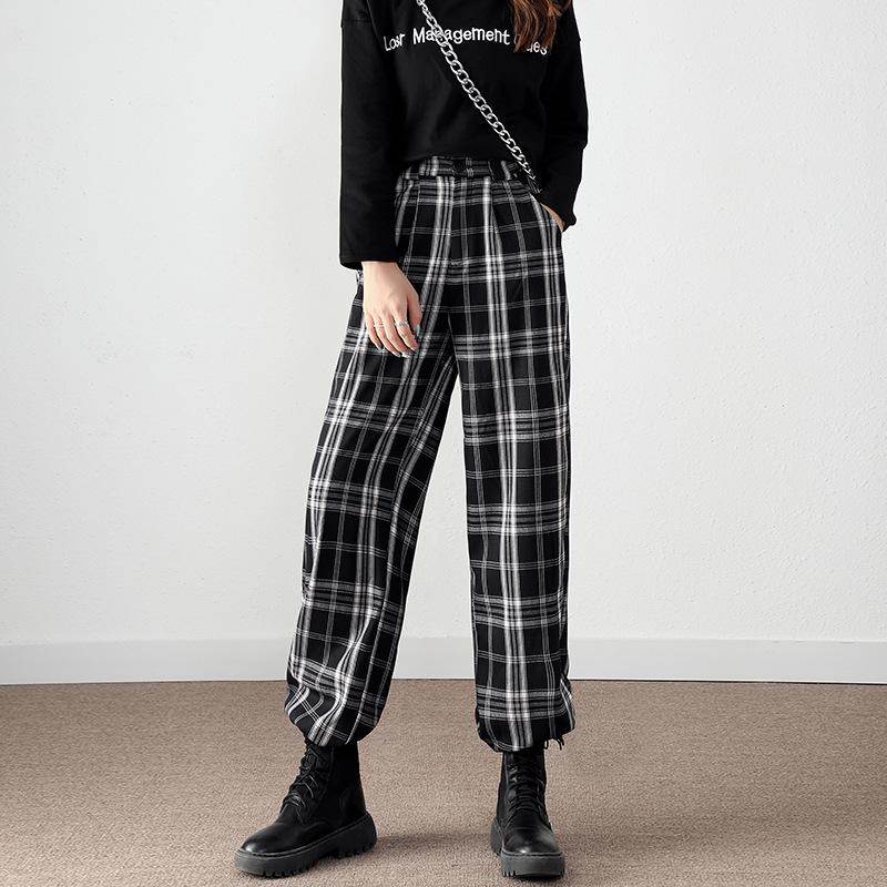 Women's Black and White Plaid Pants Loose Straight High Waist Slimming Casual Wide-leg Plus Size Pants